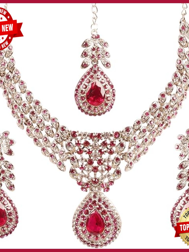 Indian Bridal Jewelry Set With Necklace Earrings Mangtika Rhinestone Fancy